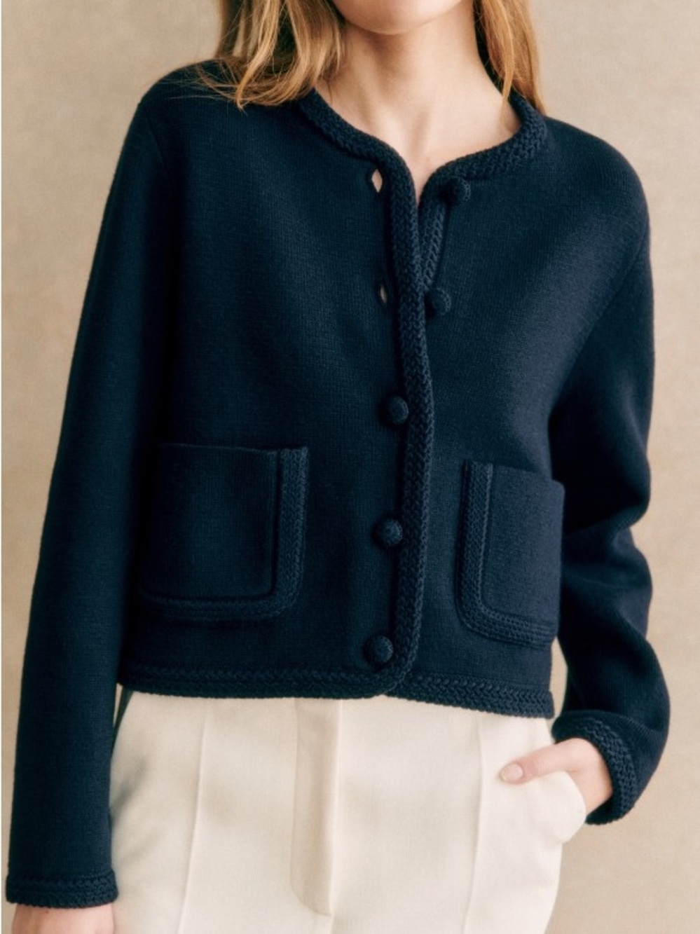 Sezane Auguste Jacket Navy Merino Cotton Medium M